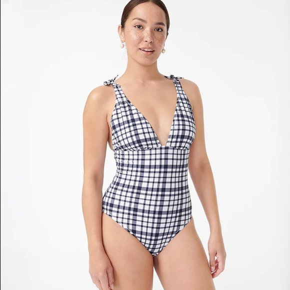J Crew Plus Tie-shoulder One-piece Swimsuit in Marine Plaid Sz 22 NWT - Picture 2 of 6